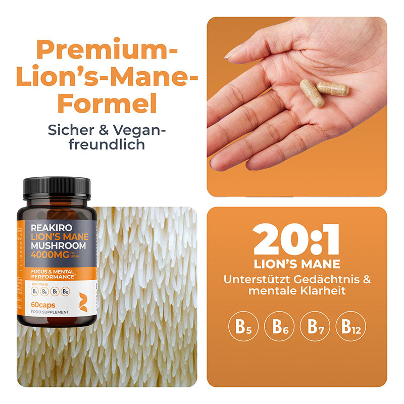 Löwenmähne Pilz Kapseln  4000 mg 60 Stück  Fokus & Mentale Leistungsfähigkeit